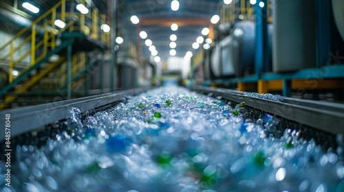 Conveyor belt with crushed plastic bottles in a recycling plant. photo