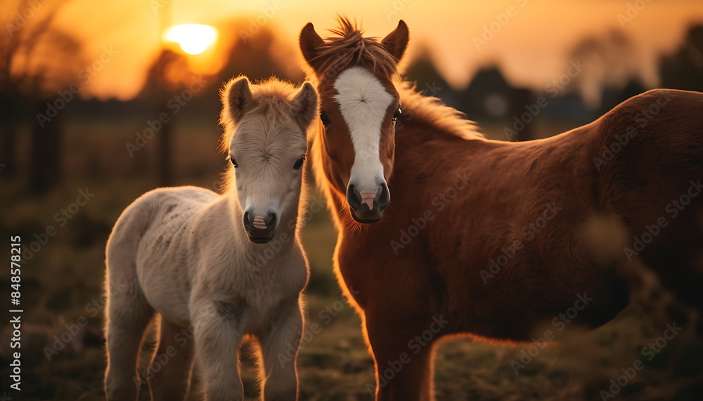 Obraz premium horses at birth in a field of grass. generative ai