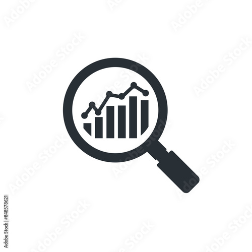 Magnifier and graph icon. Graphs, charts, growth and market analysis. Vector illustration