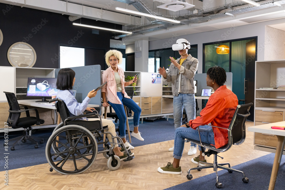 Business team from diverse backgrounds use VR and smartphones for startup business Business team from diverse backgrounds use VR and smartphones for startup business