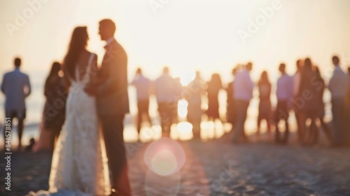 A hazy view of a beach wedding with the bride and groom standing at the center of the blurred guests and scenery.