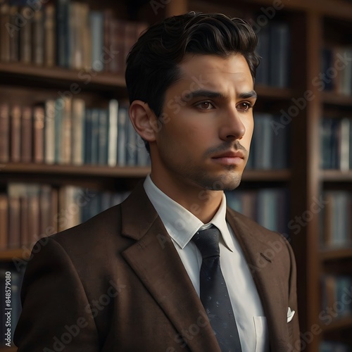 A Male, thoughtful face, short black hair, brown eyes, straight hair, fit build, wearing a suit, tie, pensive expression, standing in a library, books and shelves in background