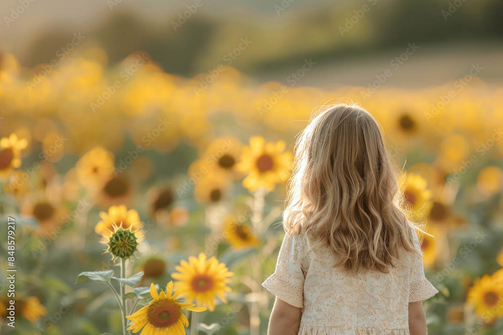 Little Girl in a Field of Sunflowers at Sunset Little Girl in a Field of Sunflowers at Sunset