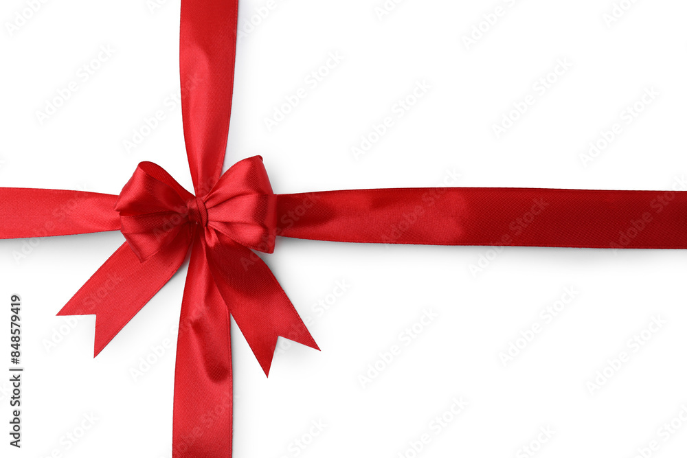 Red satin ribbon with bow isolated on white, top view Red satin ribbon with bow isolated on white, top view