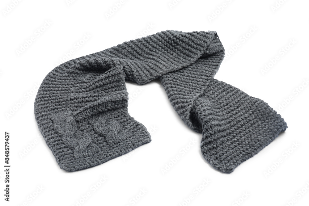 One grey knitted scarf on white background One grey knitted scarf on white background