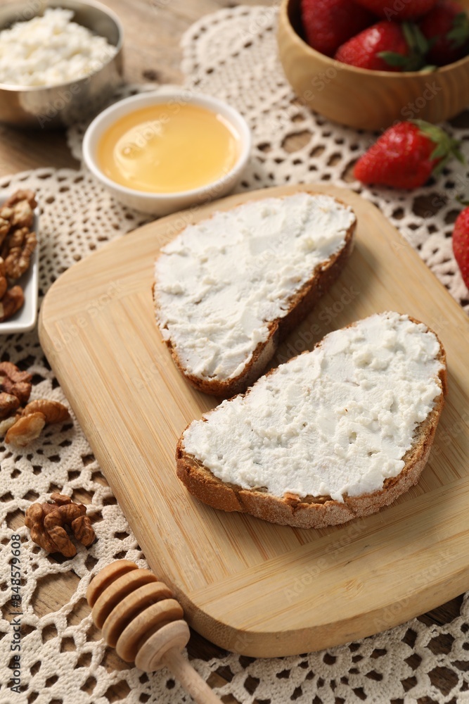 Delicious ricotta bruschettas and products on table Delicious ricotta bruschettas and products on table