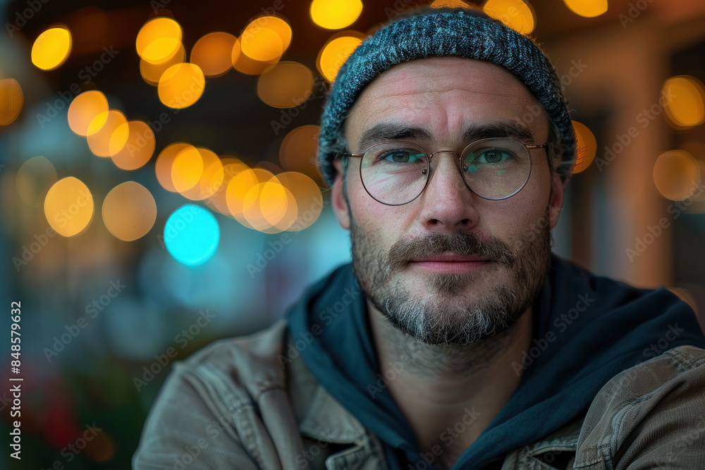 Bearded Man with Glasses and Beanie in Evening Light Bearded Man with Glasses and Beanie in Evening Light