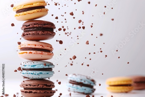 Colorful macarons levitating in mid air on a white background, creating a vibrant display photo