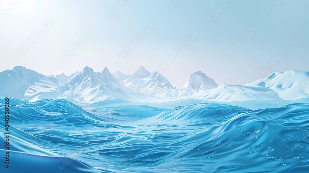 Obraz premium 3D rendering of a beautiful abstract background featuring blue waves and snowy mountains on the horizon. Vector illustration in hyper-realistic style, created with Octane rendering in high resolution 