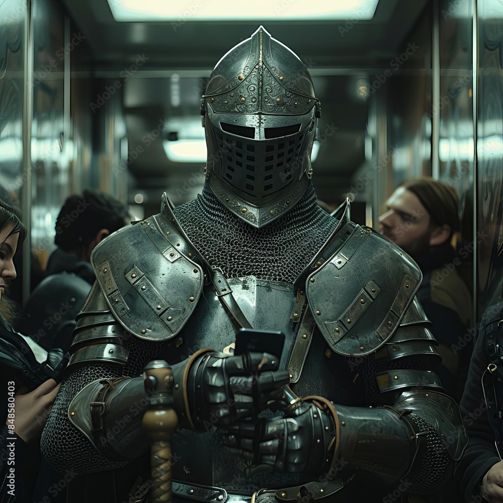 In a packed elevator, a person stands out by wearing a full knight's armor, complete with a helmet and sword, nonchalantly checking their phone In a packed elevator, a person stands out by wearing a full knight's armor, complete with a helmet and sword, nonchalantly checking their phone