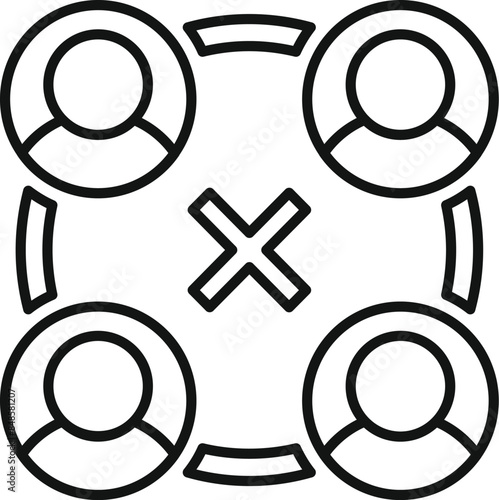 Line art icon of four people having a video conference call with one person in the group being disconnected