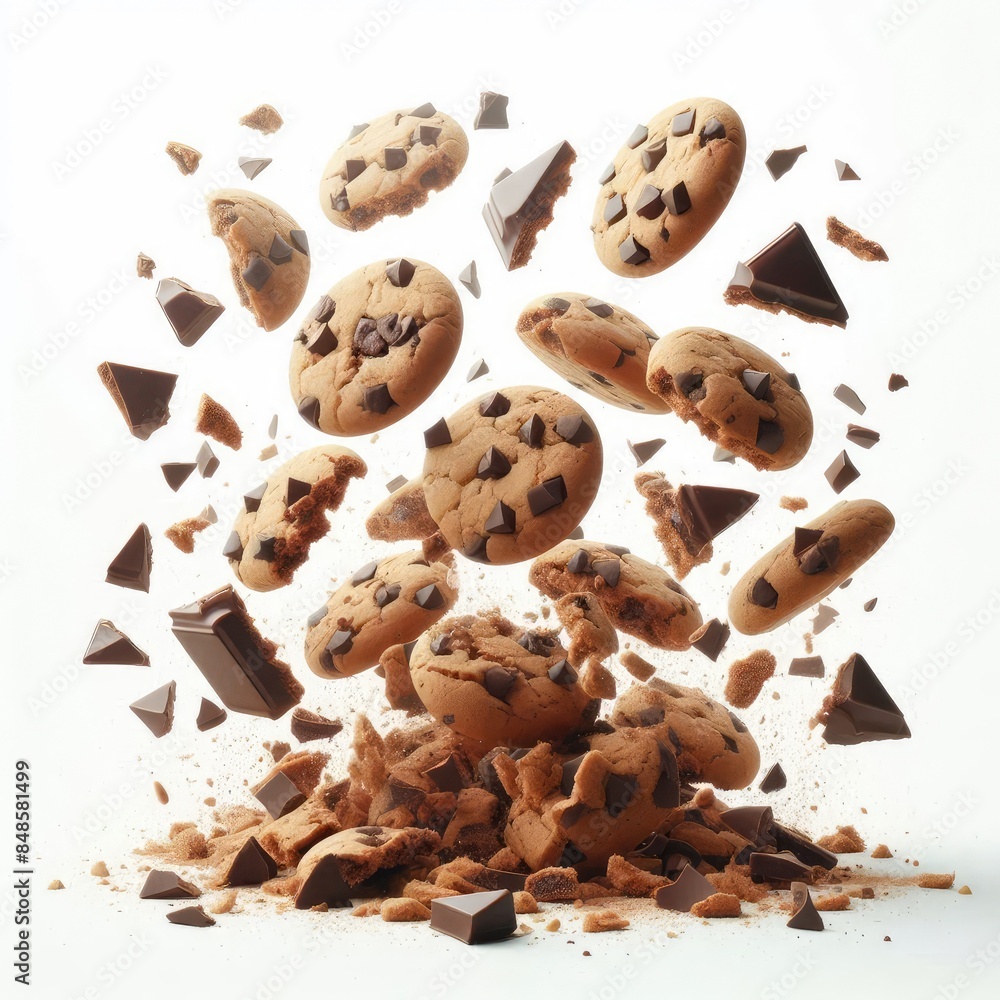 Falling broken chocolate chips and cookies isolated on a white background Falling broken chocolate chips and cookies isolated on a white background