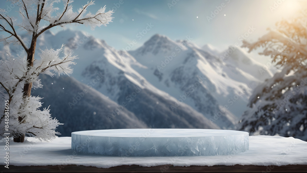 Obraz premium Ice podium for product display with a North Pole landscape background.