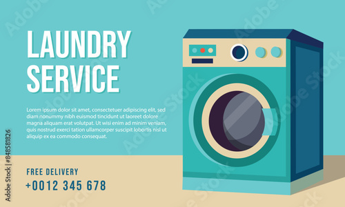 Laundry service banner with clothes washing machine