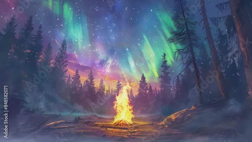 Camp fire in wilderness forest night on Aurora borealis, northern lights over bonfire in winter forest background.