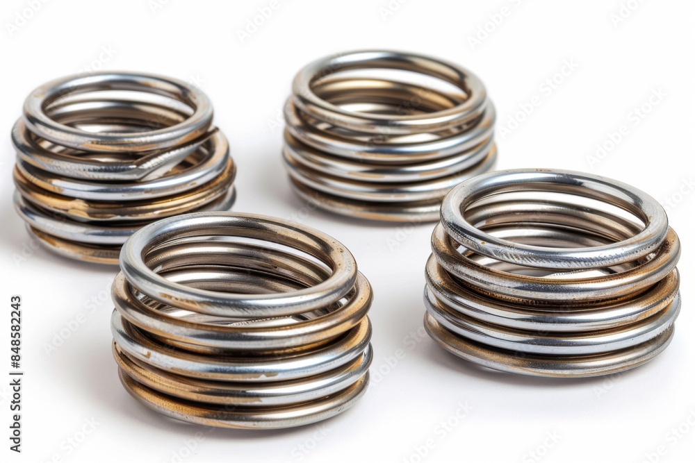 Set of four steel compression coil springs with varied finishes isolated on white background. Flexible shock absorbers. Set of four steel compression coil springs with varied finishes isolated on white background. Flexible shock absorbers.