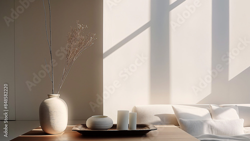 Stylish minimalist living room, sofa, flower pot, jar, table, copy space wall, art, design, mock-up 