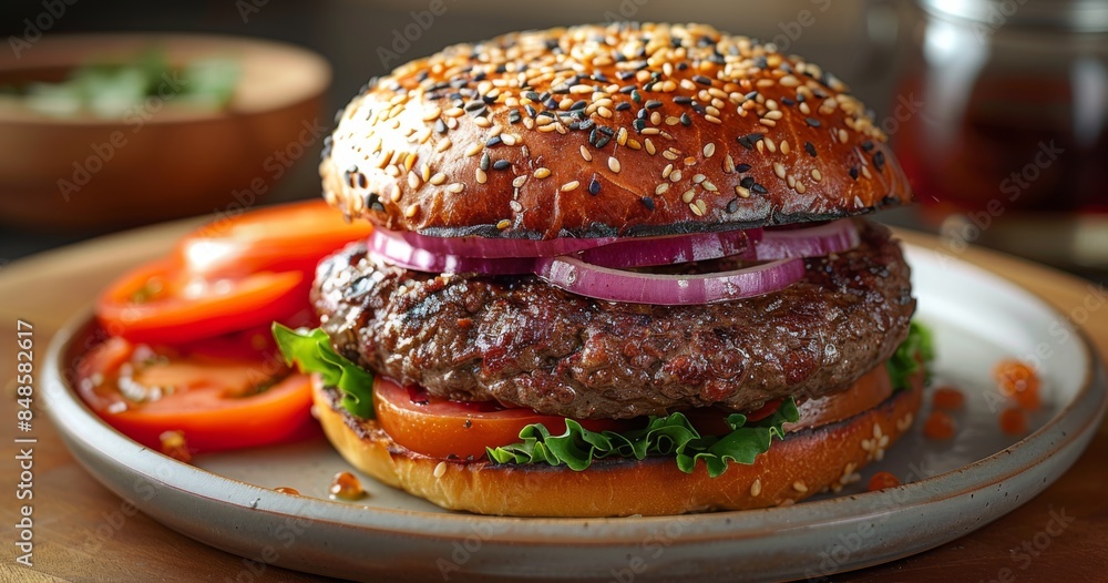 Juicy hamburger on a plate isolated on white background. Fast food concept. Juicy hamburger on a plate isolated on white background. Fast food concept.
