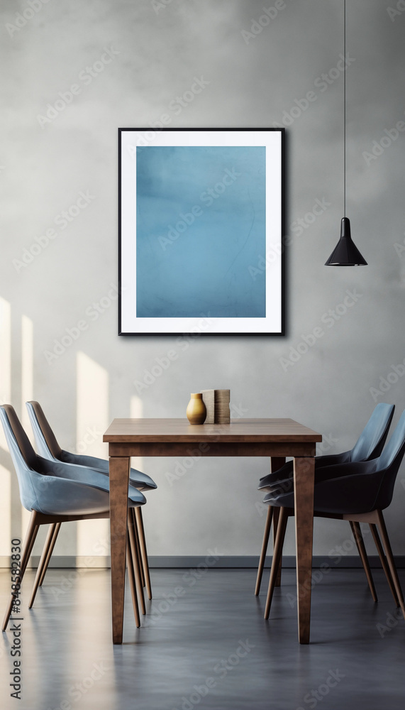Blue abstract painting hanging on a wall above a wooden table with chairs in a modern dining room Blue abstract painting hanging on a wall above a wooden table with chairs in a modern dining room