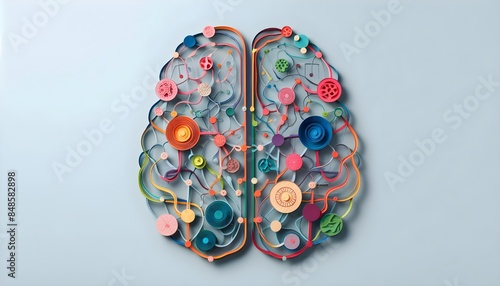 Neurodiverse Brain Connections in Paper Cut Style. A brain with interconnected lines and nodes, each represented by different shapes and colors of paper cuts, showcasing the diverse neural pathways.