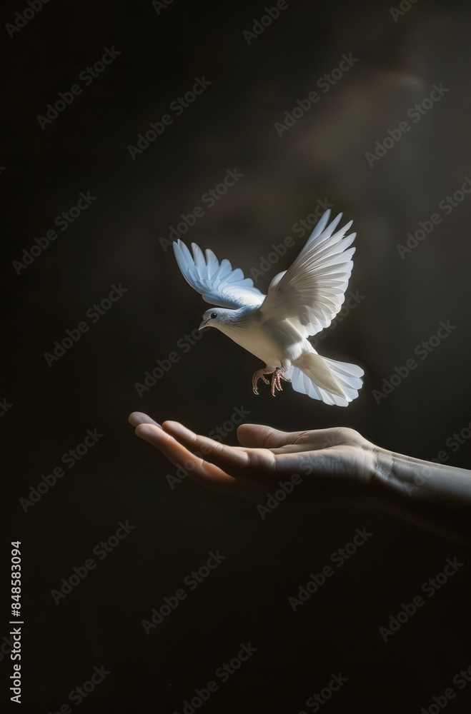 Obraz premium Two hands hold up an ethereal white dove against a black background. A symbol of peace or hope. Peace and spiritual harmony.