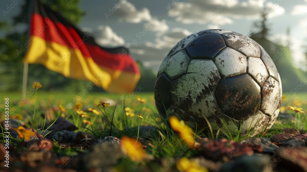 Fototapeta premium A weathered soccer ball resting on a grassy field with beautiful yellow flowers, against the backdrop of a German flag waving in a picturesque landscape