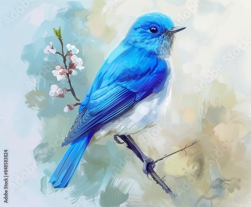 Blue bird background. Oil and watercolor painting. Sparrow, goldfinch, songbird, chickadee, tit, finch songbirds on a branch. Acrylic texture. Modern illustration.