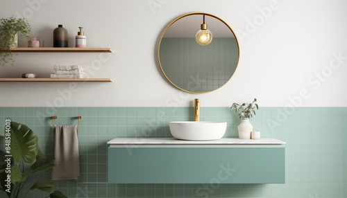 Stylish bathroom interior with green tiles gold fixtures and a round mirror above the sink © HecoPhoto