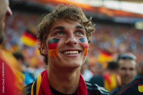 A young man with face painted in German flag colors, smiling enthusiastically in a sports stadium filled with fans waving German flags during a lively event