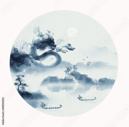Chinese style Loong Boat Festival ink dragon illustration