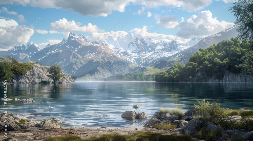 Naklejka premium A lovely day by the mountains and lake