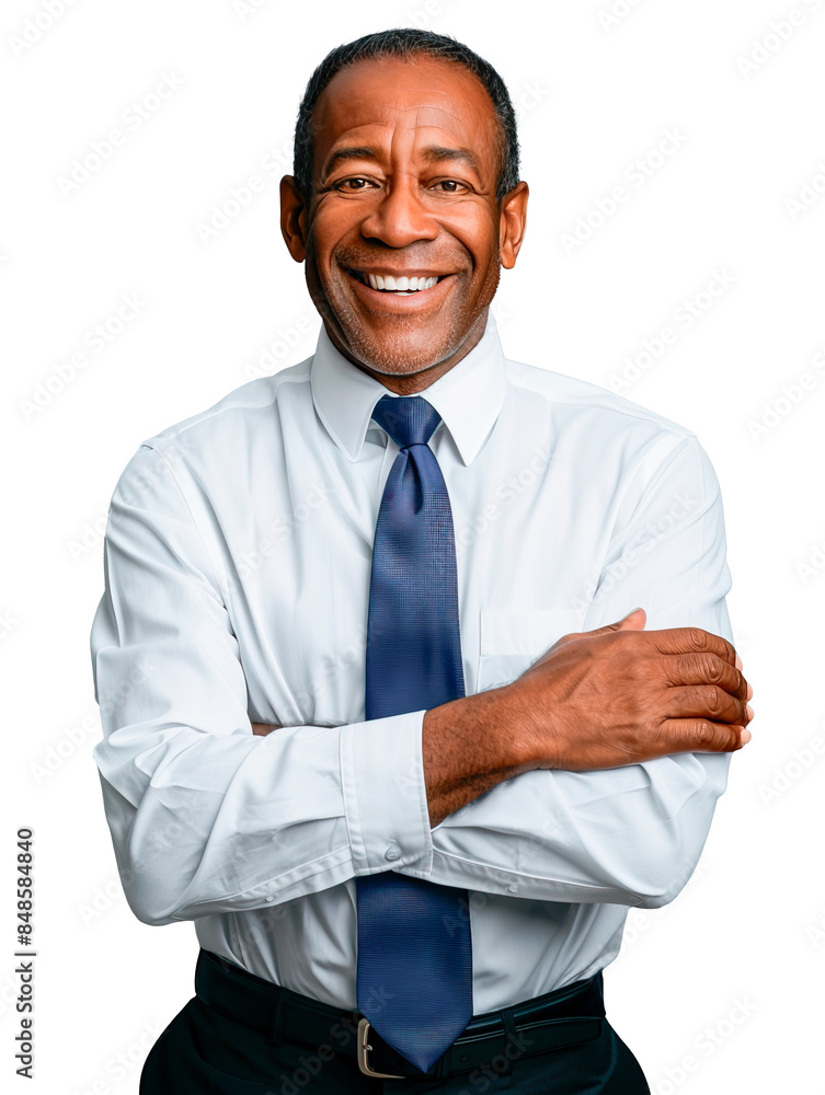 Smiling African American man in business attire, white shirt and blue tie, on a transparent background. Smiling African American man in business attire, white shirt and blue tie, on a transparent background.