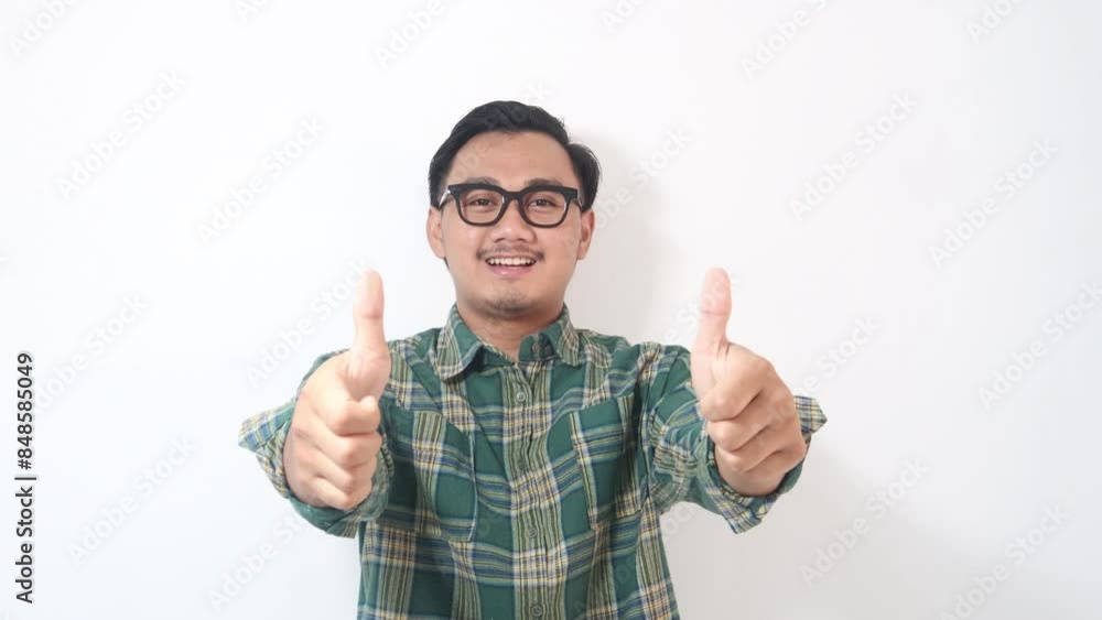 A man from Indonesia, wearing a green shirt and sunglasses, appears to be in agreement as he raises his thumb up. Isolated on a white background. A man from Indonesia, wearing a green shirt and sunglasses, appears to be in agreement as he raises his thumb up. Isolated on a white background.