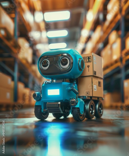 A cute blue robot is carrying boxes on the truck, with soft lighting and a blurred background in a warehouse environment.