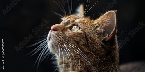 A close-up image of a furry orange domestic cat with yellow-green eyes gazing thoughtfully upward set against a dark background to emphasize its whiskers and fur textures © aicandy
