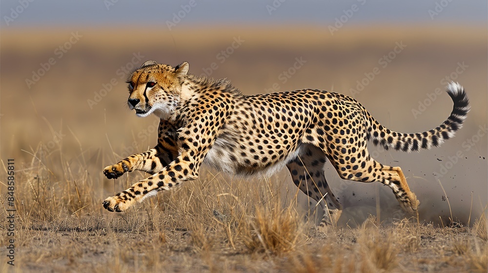 A powerful cheetah displaying incredible speed and agility as it sprints across the dry, grassy plains under the clear, open sky A powerful cheetah displaying incredible speed and agility as it sprints across the dry, grassy plains under the clear, open sky
