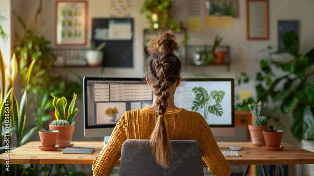 Female graphic designer focused on work at a cozy home office with dual monitors surrounded by green plants Female graphic designer focused on work at a cozy home office with dual monitors surrounded by green plants