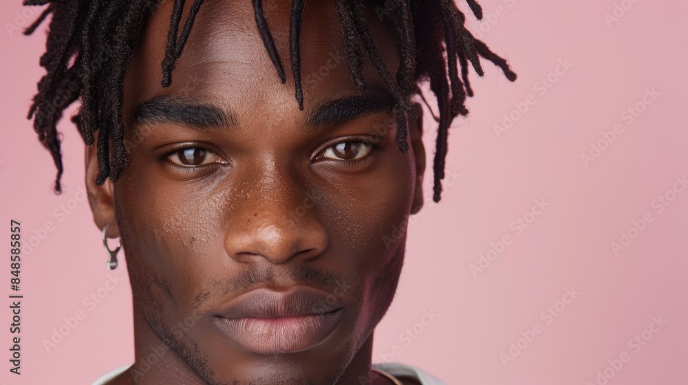 Portrait of a young man with dreadlocks and a focused expression, set against a vibrant pink background, showcasing intricate details and a captivating gaze Portrait of a young man with dreadlocks and a focused expression, set against a vibrant pink background, showcasing intricate details and a captivating gaze