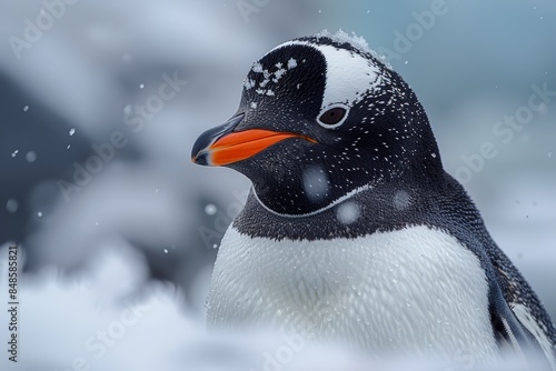The emperor penguin with its distinctive orange beak is captured in a striking close-up amidst a snowy backdrop, showcasing the beauty and resilience of Antarctic wildlife