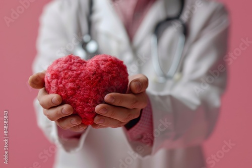 A doctor holding a red heart-shaped wool toy on a pink background, a closeup shot of a male medical worker wearing a white coat and stethoscope showing a love symbol