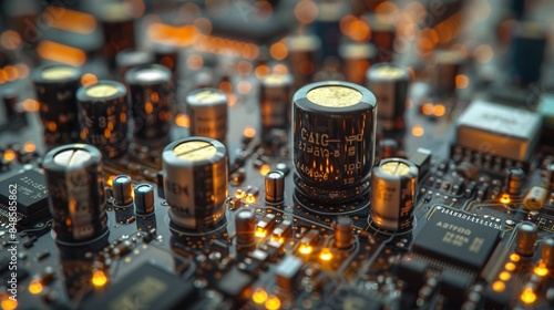Close-up image of a circuit board with various electronic components including capacitors, resistors, and microchips is emphasizing intricate details and connections
