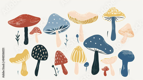 Mushroom and Leaf Patterns: Vector illustration combining elements of leaves and various mushrooms, perfect for nature-themed designs