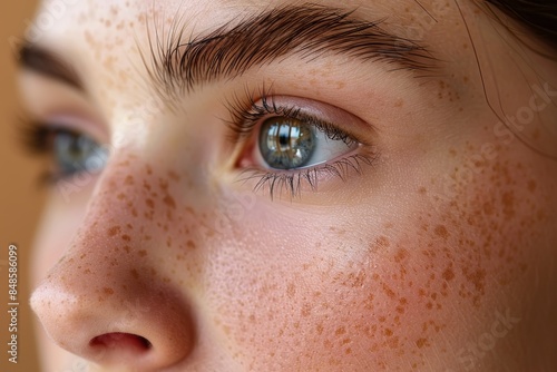 A close-up, detailed image showcasing the intricate textures and natural beauty of a person's freckled skin and sparkling blue eyes with reflections