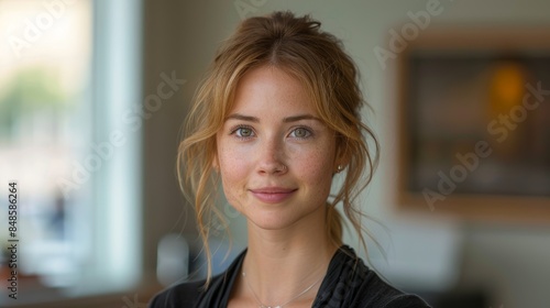 Portrait of a young woman with strawberry blonde hair and green eyes, smiling softly, in an indoor setting with a blurred background Free Download Portrait of a young woman with strawberry blonde hair and green eyes, smiling softly, in an indoor setting with a blurred background - GFXLoad