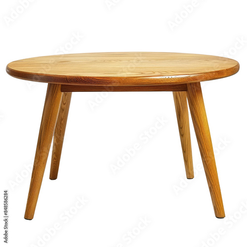 Design a simple, round, wooden coffee table with four legs