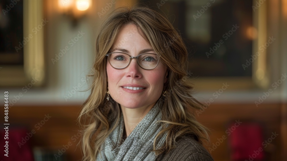 Portrait of a Smiling Woman with Glasses and Wavy Hair in a Cozy Indoor Setting with Warm Lighting and Elegant Background Decor Portrait of a Smiling Woman with Glasses and Wavy Hair in a Cozy Indoor Setting with Warm Lighting and Elegant Background Decor