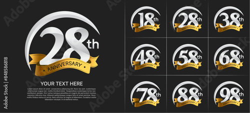 anniversary logotype set vector, silver color with golden ribbon for special day celebration