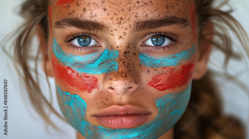 A close-up portrait of a young person with blue eyes and freckles, featuring bright red and turquoise face paint in abstract patterns across their face A close-up portrait of a young person with blue eyes and freckles, featuring bright red and turquoise face paint in abstract patterns across their face