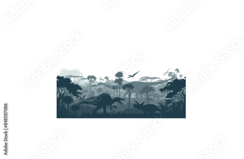 Vector prehistoric seamless jungle background with dinosaurs: Spinosaurus, triceratops, tiranosaurus, Kentrosaurus,  Diplodocus and pterodactyl