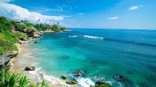 A breathtaking coastal landscape showcasing a serene beach bordered by verdant cliffs, crystal-clear turquoise waters, and a vibrant blue sky adorned with scattered clouds